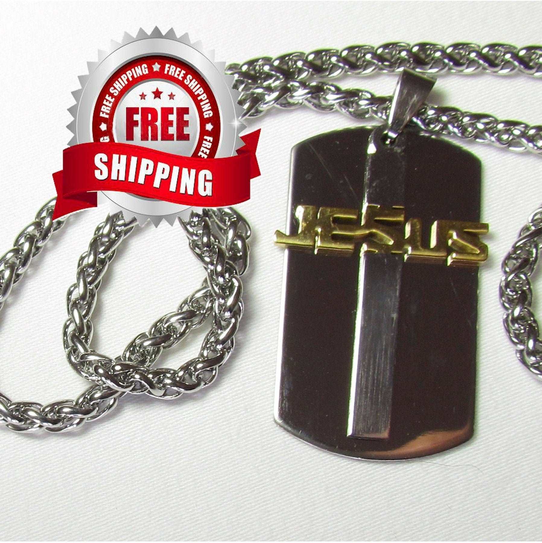 Jesus Cross Dog Tag Necklace for Men Silver Gold Cross of Jesus Cut Out Pendant Stainless Steel Mens Boys Christian Jewelry jewellery